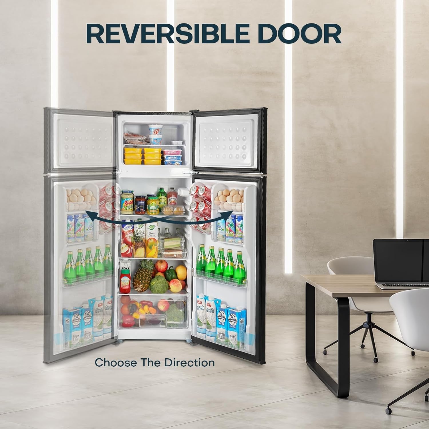 7.7 Cu.Ft. Refrigerator with Freezer, Double Door Fridge, Adjustable Thermostat, Large Capacity, Reversible Door Swing, Refrigerator for Apartment, Office, Dorm, Black（Bd75）