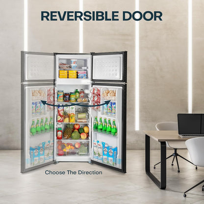 7.7 Cu.Ft. Refrigerator with Freezer, Double Door Fridge, Adjustable Thermostat, Large Capacity, Reversible Door Swing, Refrigerator for Apartment, Office, Dorm, Black（Bd75）
