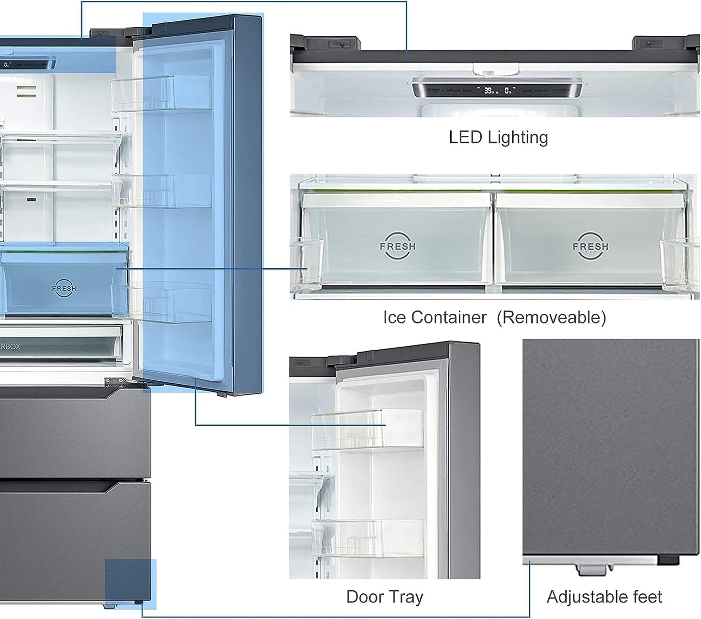 French Door Kitchen Refrigerator with Ice Maker, 23 Cu.Ft Counter Depth, 36 Inch Double Door with Bottom Freezer, Stainless Steel