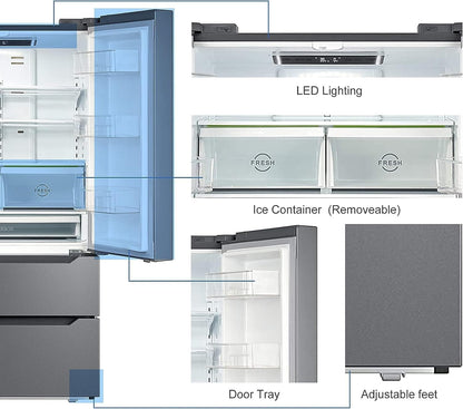 French Door Kitchen Refrigerator with Ice Maker, 23 Cu.Ft Counter Depth, 36 Inch Double Door with Bottom Freezer, Stainless Steel