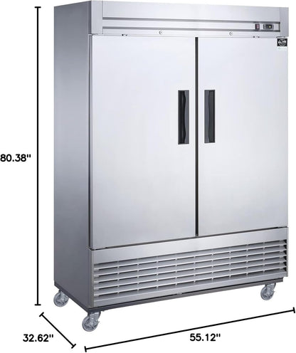 Commercial Upright Reach-In Refrigerator, ETL Restaurant 2 Door Fridge Cooler Merchandiser, Auto-Defrost, Stainless Steel 55" W 40.7 Cu. Ft. 13781