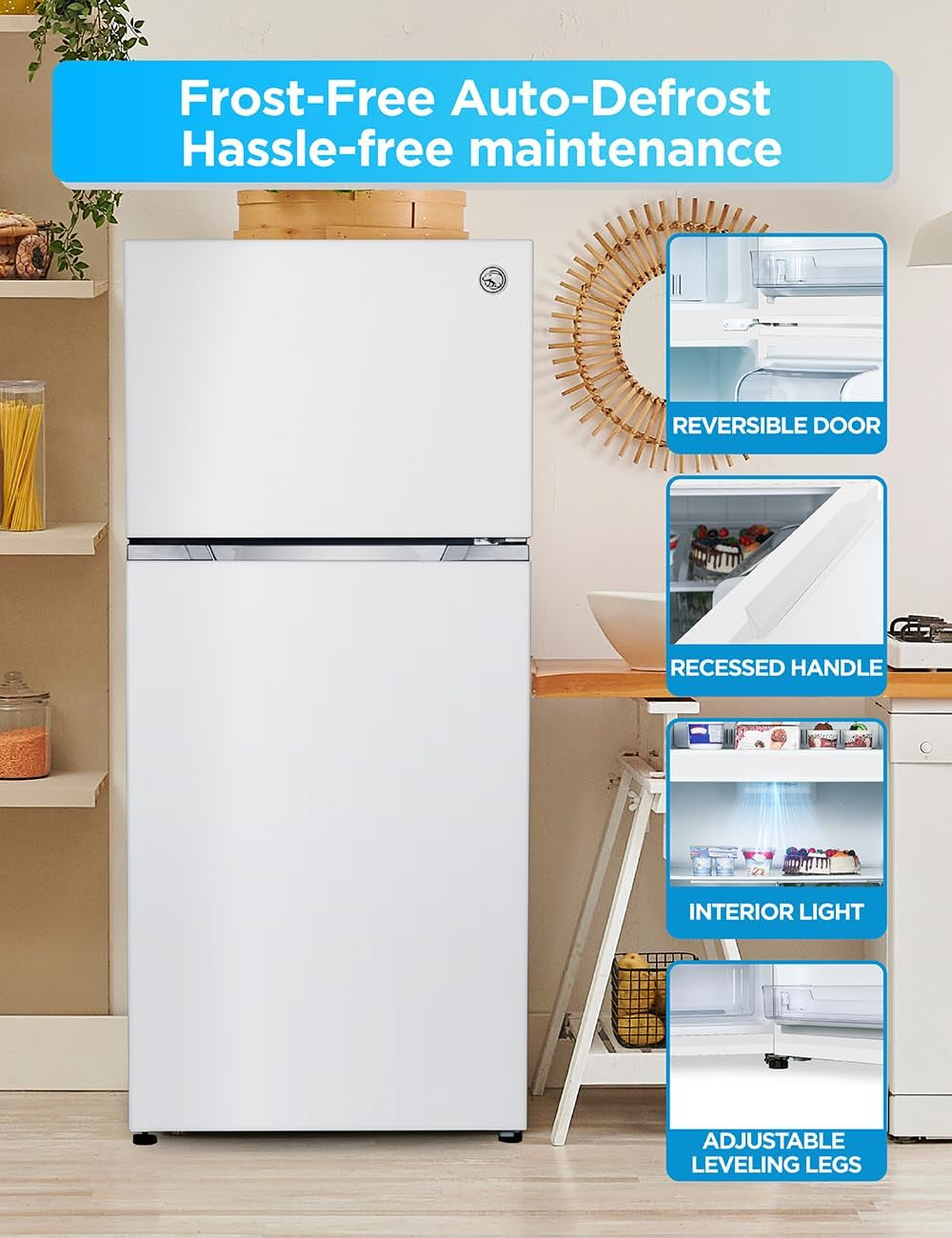 18 Cu. Ft. Top Mount Refrigerator with Ice Maker, 2-Door Refrigerator with Top Freezer, Freezer with Icemaker and Adjustable Temperature Control, Energy Star Certified, White