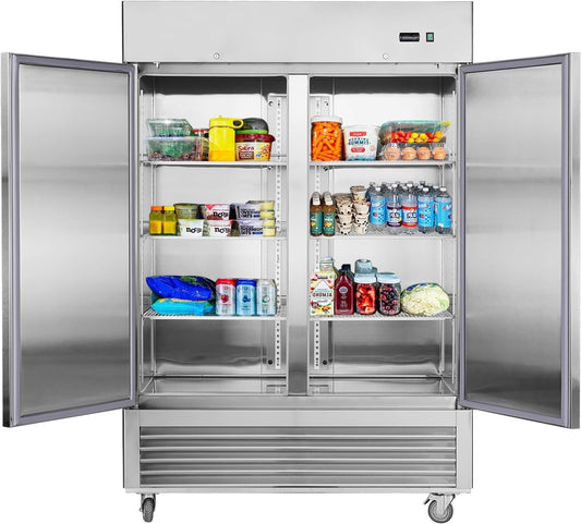 54" W 2 Door Commercial Refrigerator, Reach-In Refrigerator Stainless Steel Fridge for Restaurant Kitchen Bakery Garage, 42.2 Cu. Ft Refrigerators for Bar Shop School Church
