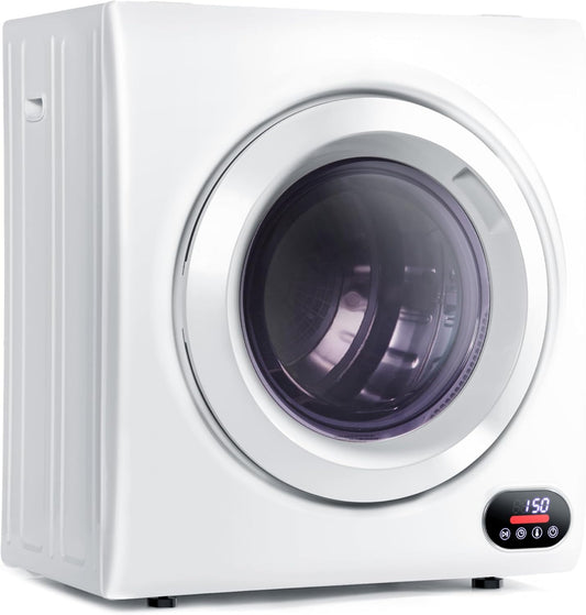 Compact Laundry Dryer, 3.5 Cu Ft Front Load Stainless Steel Clothes Dryers with Exhaust Pipe, 1500W, LCD Control Panel Four-Function Portable Dryer for Apartments, Home, Dorm, White