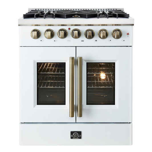 Galiano 30" French Door Dual Fuel Range, White & Antique Brass, 4.32 Cu.Ft. True Convection Oven