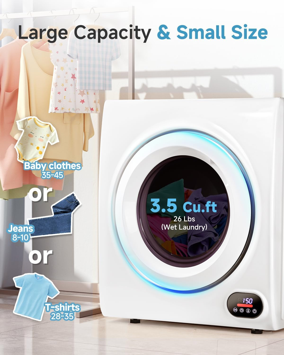 3.5 Cu.Ft Portable Clothes Dryer - 1500W Clothes Dryer with Stainless Steel Tub, Front Load Tumble, LCD Touch Panel - Compact Drying Unit for Laundry, Apartments, Dorms
