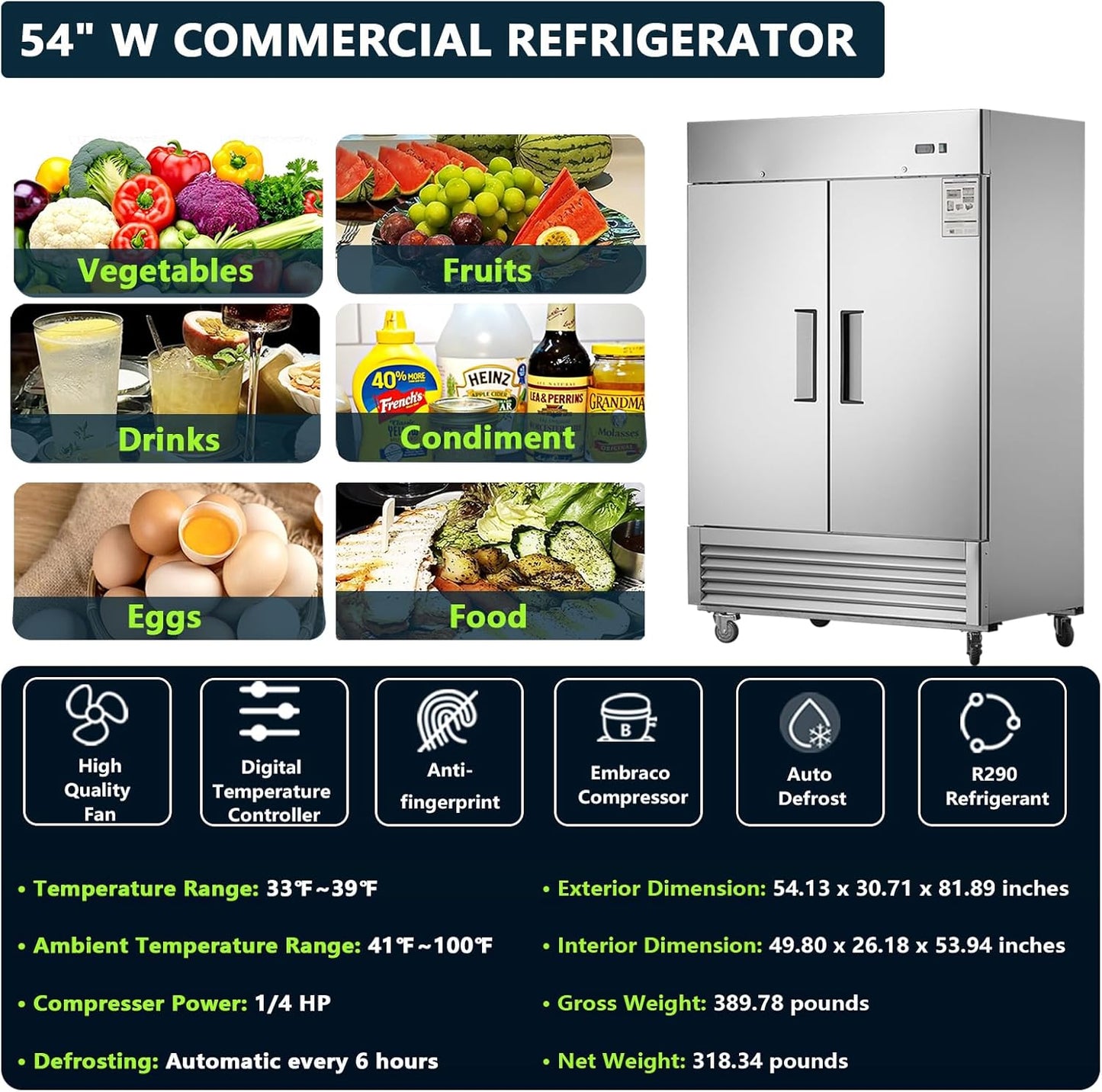54" W 2 Door Commercial Refrigerator, Reach-In Refrigerator Stainless Steel Fridge for Restaurant Kitchen Bakery Garage, 42.2 Cu. Ft Refrigerators for Bar Shop School Church