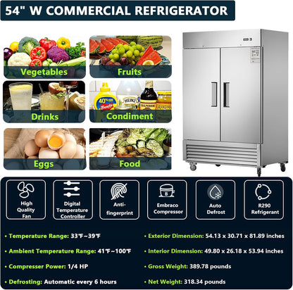 54" W 2 Door Commercial Refrigerator, Reach-In Refrigerator Stainless Steel Fridge for Restaurant Kitchen Bakery Garage, 42.2 Cu. Ft Refrigerators for Bar Shop School Church