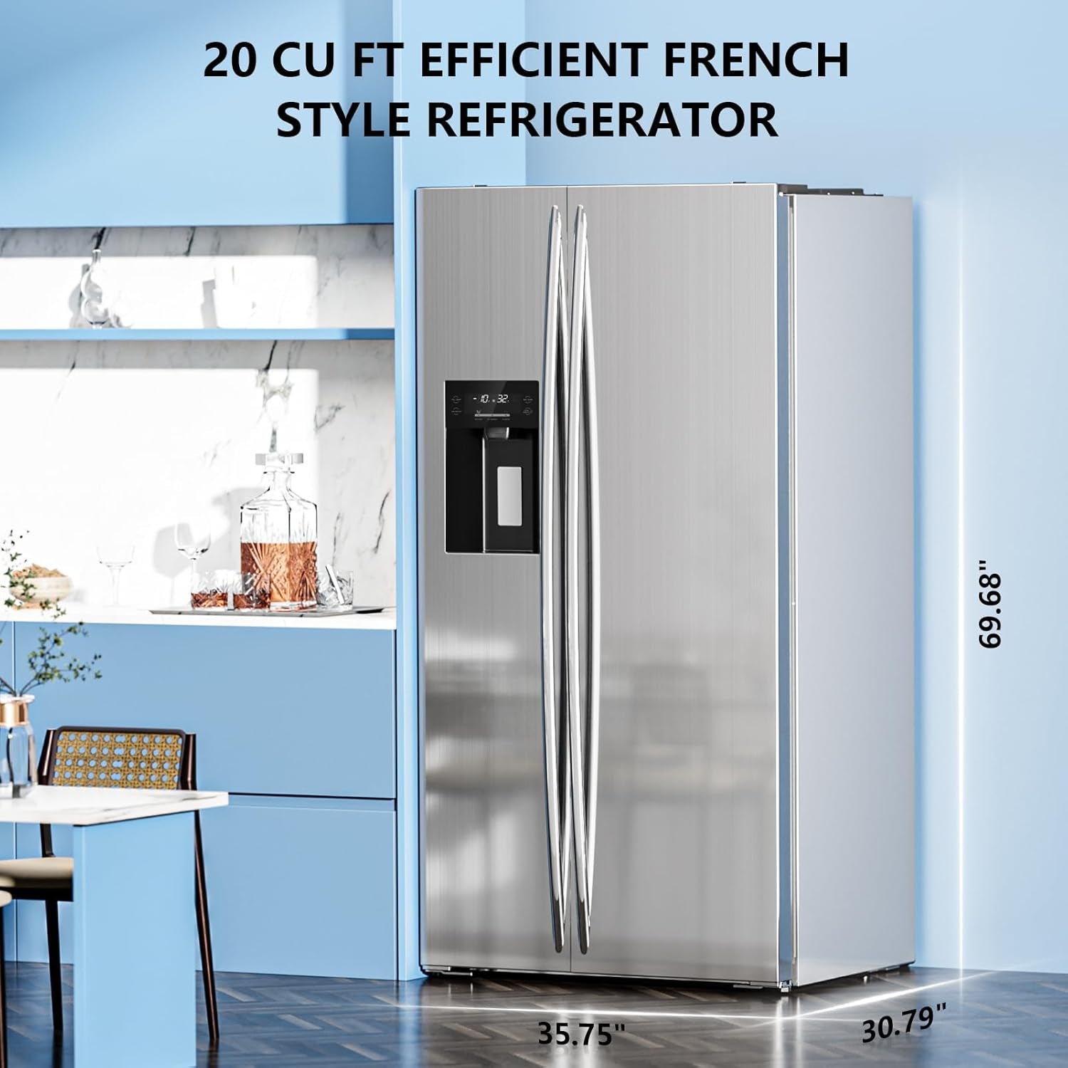 French Door Refrigerator with Side Freezer, Water Dispenser, Nugget and Cube Ice Maker, Adjustable Thermostat, 20 Cu Ft, Stainless Steel Finish