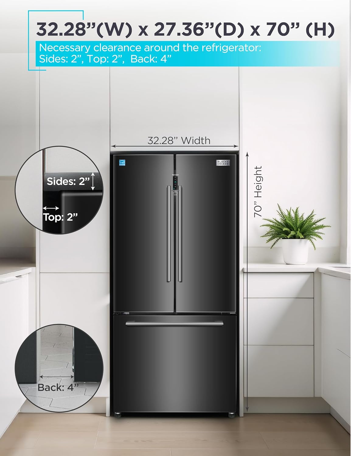 18 Cu. Ft. French Door Refrigerator with Built-In Ice Maker, Full Size Refrigerator with Bottom Mount Freezer Drawer, Frost Free, ENERGY STAR Certified, BRF1800GIMB, Black