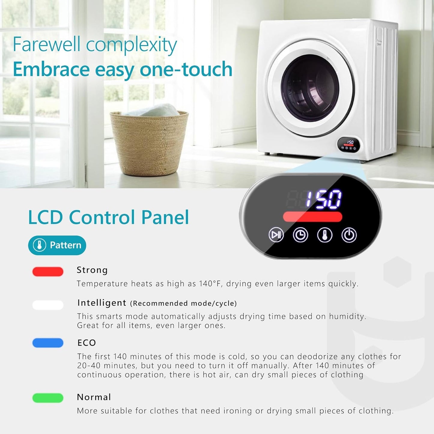 Compact Laundry Dryer, 3.5 Cu Ft Front Load Stainless Steel Clothes Dryers with Exhaust Pipe, 1500W, LCD Control Panel Four-Function Portable Dryer for Apartments, Home, Dorm, White