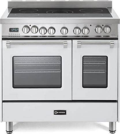 Prestige Series VPFSEE365DW 36 Inch All Electric Freestanding Range Double Oven Convection, 5 Burners Dual Center Element Chrome Knobs and Handle True White