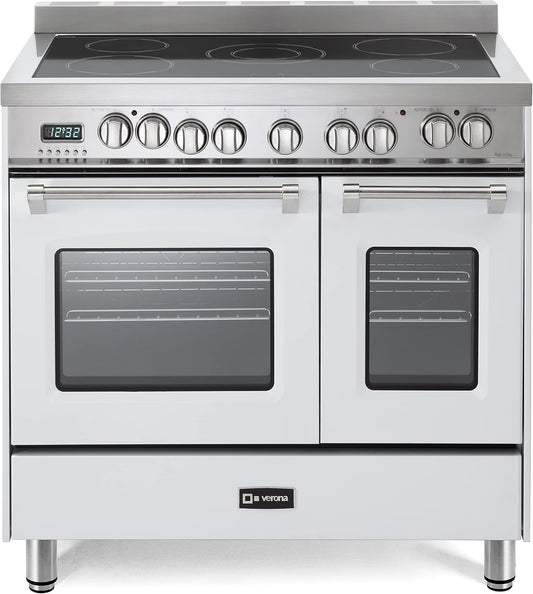 Prestige Series VPFSEE365DW 36 Inch All Electric Freestanding Range Double Oven Convection, 5 Burners Dual Center Element Chrome Knobs and Handle True White