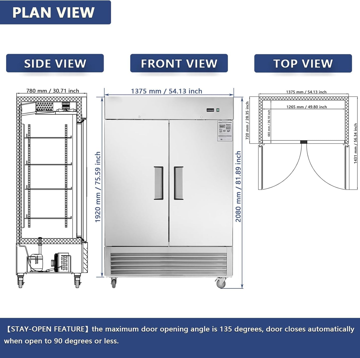 54" W 2 Door Commercial Refrigerator, Reach-In Refrigerator Stainless Steel Fridge for Restaurant Kitchen Bakery Garage, 42.2 Cu. Ft Refrigerators for Bar Shop School Church