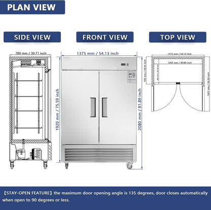 54" W 2 Door Commercial Refrigerator, Reach-In Refrigerator Stainless Steel Fridge for Restaurant Kitchen Bakery Garage, 42.2 Cu. Ft Refrigerators for Bar Shop School Church